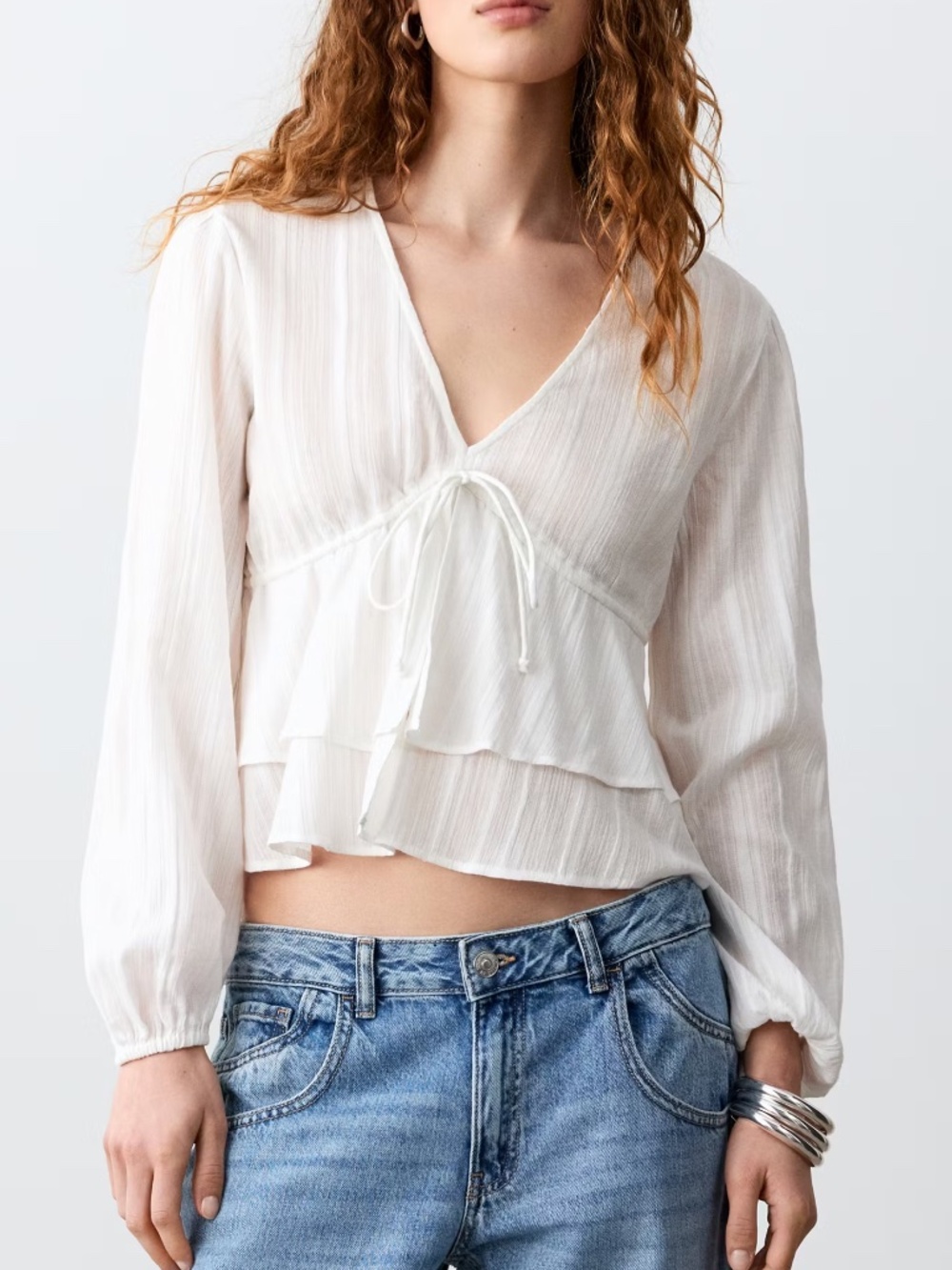 MANGO Ruffle bow blouse white long sleeve top